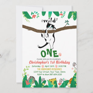Invitación Wild One Tuxedo Kitty Kids 1er cumpleaños