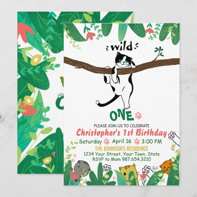 Invitación Wild One Tuxedo Kitty Kids 1er cumpleaños (Anverso / Reverso)