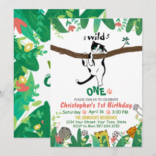 Invitación Wild One Tuxedo Kitty Kids 1er cumpleaños