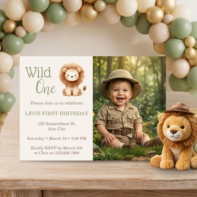 Invitación Wild One Watercolor Safari Lion 1st Birthday Photo (Wild One Watercolor Safari Lion 1st Birthday Photo Invitation)