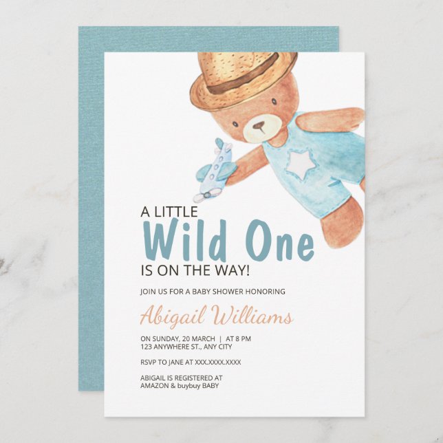 Invitación Wild One Watercolor Teddy Bear Invitat Baby Shower (Anverso / Reverso)