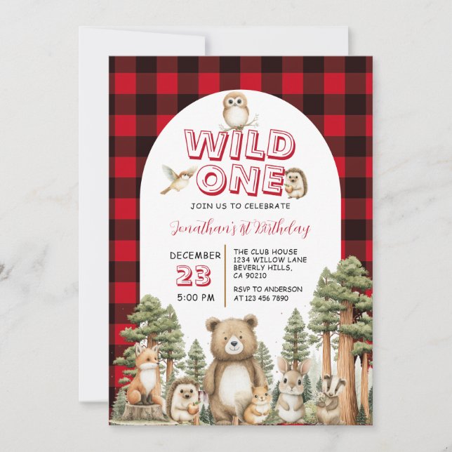 Invitación Wild One Woodland Animal 1st Birthday Party Plaid (Anverso)