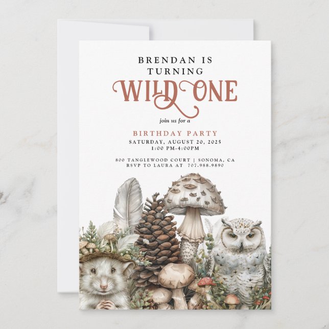 Invitación Wild One Woodland Animals Boy 1er cumpleaños (Anverso)