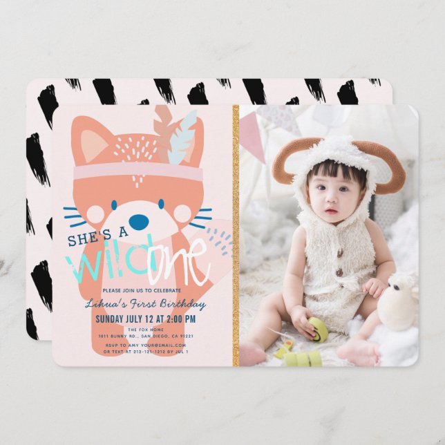 Invitación Wild One Woodland Fox Chica Photo Pink 1er cumplea (Anverso / Reverso)