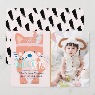 Invitación Wild One Woodland Fox Chica Photo Pink 1er cumplea