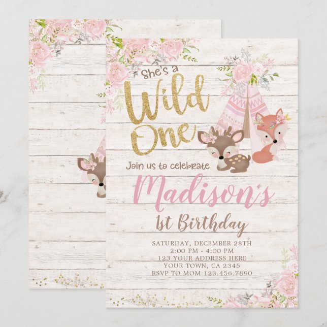 Invitación Wild One, Woodland, tribal (Anverso / Reverso)