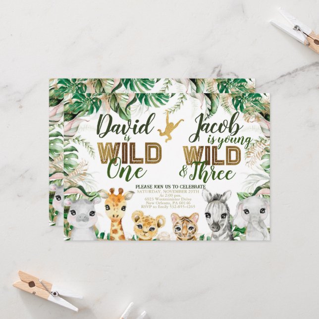 Invitación Wild One y Three Combinated Zoo 1er tercer cumplea (Anverso/Reverso In Situ)