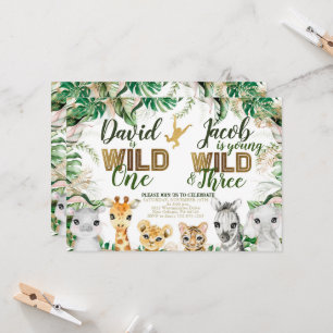 Invitación Wild One y Three Combinated Zoo 1er tercer cumplea