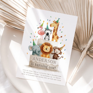 Invitación Wild One Zoo Animals Neutral First Birthday Party