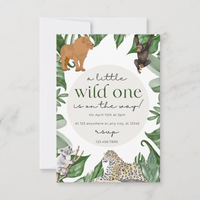 Invitación Wild Safari Adventures aguardan en este Baby Showe (Anverso)