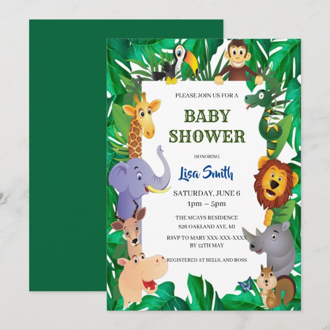 Invitación Wild Safari Animal Jungle Baby Shower (Anverso / Reverso)