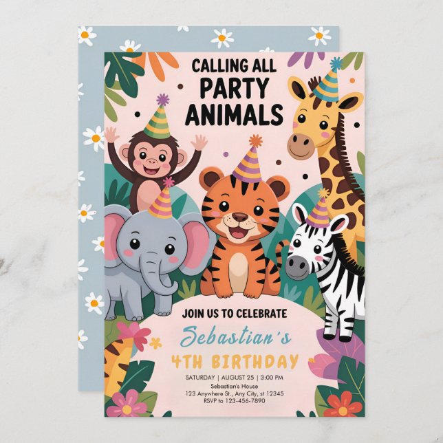 Invitación Wild Safari Animals Birthday (Anverso / Reverso)