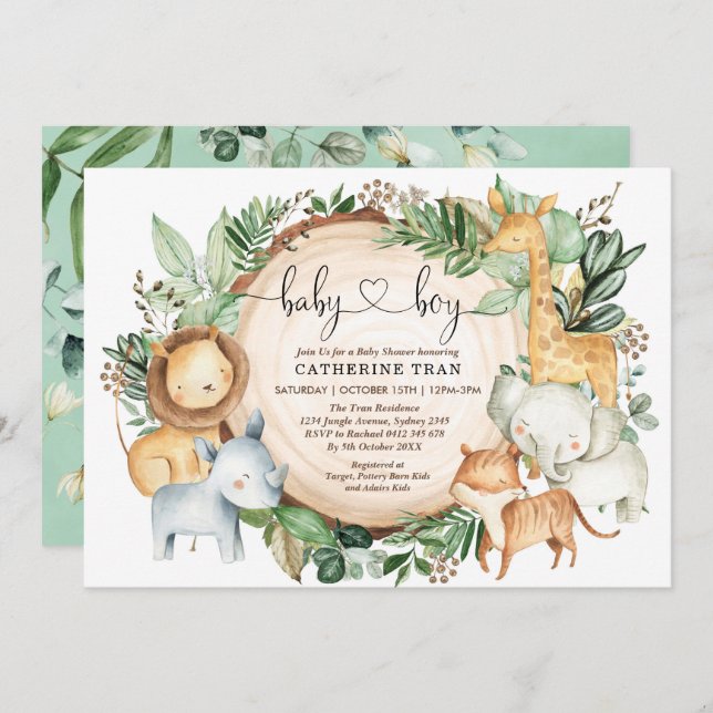 Invitación Wild Safari Greenery Boy Baby Shower (Anverso / Reverso)