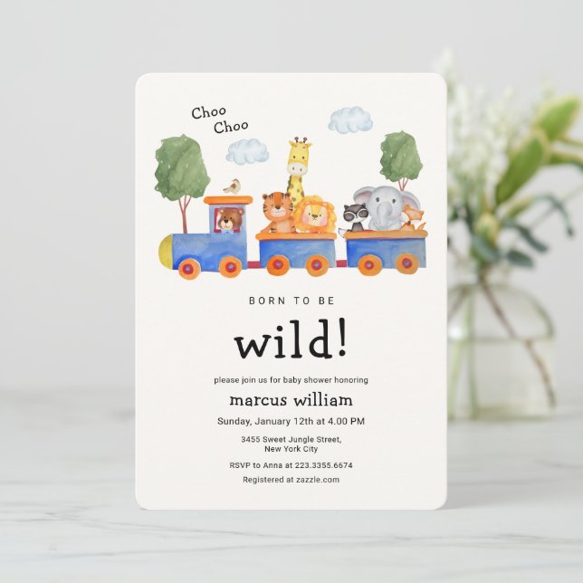 Invitación Wild Safari Zoo Animals Train Baby Shower (Anverso de pie)