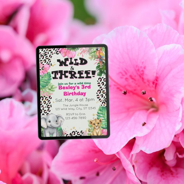 Invitación Wild & Three Pink Jungle Birthday (Subido por el creador)