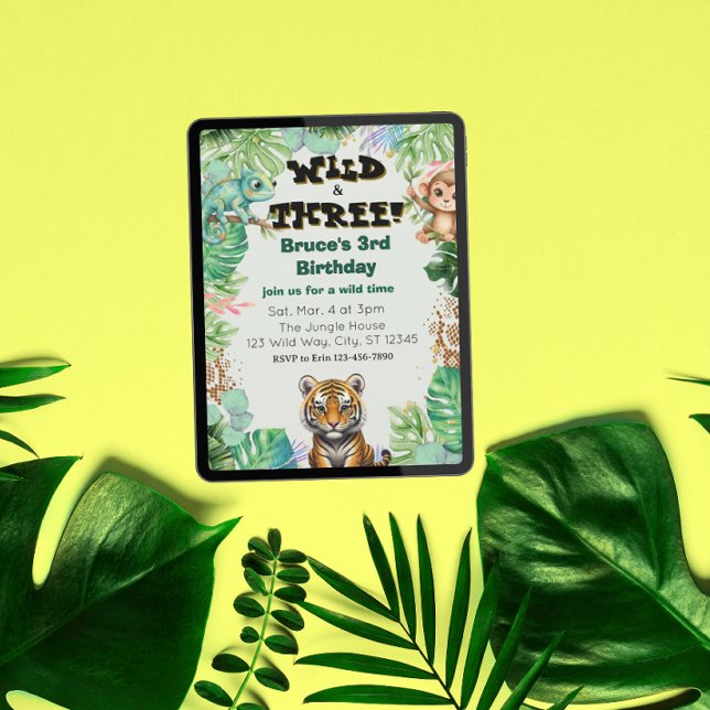 Invitación Wild & Three, Watercolor Jungle Birthday (Subido por el creador)