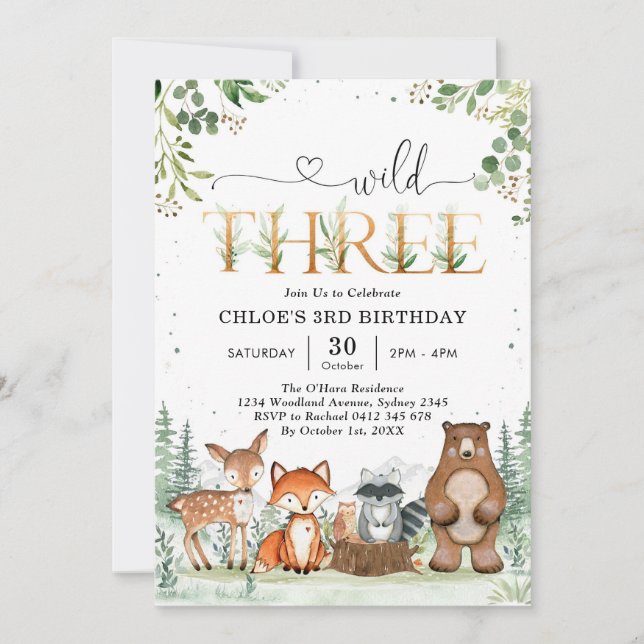 Invitación Wild Three Woodland Party Animals 3rd Birthday (Anverso)