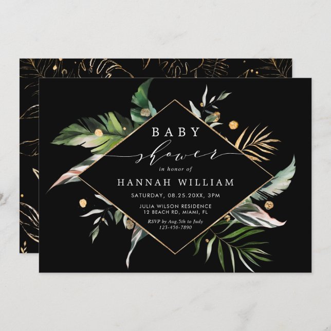 Invitación Wild Tropical Foliage Black Baby Shower (Anverso / Reverso)