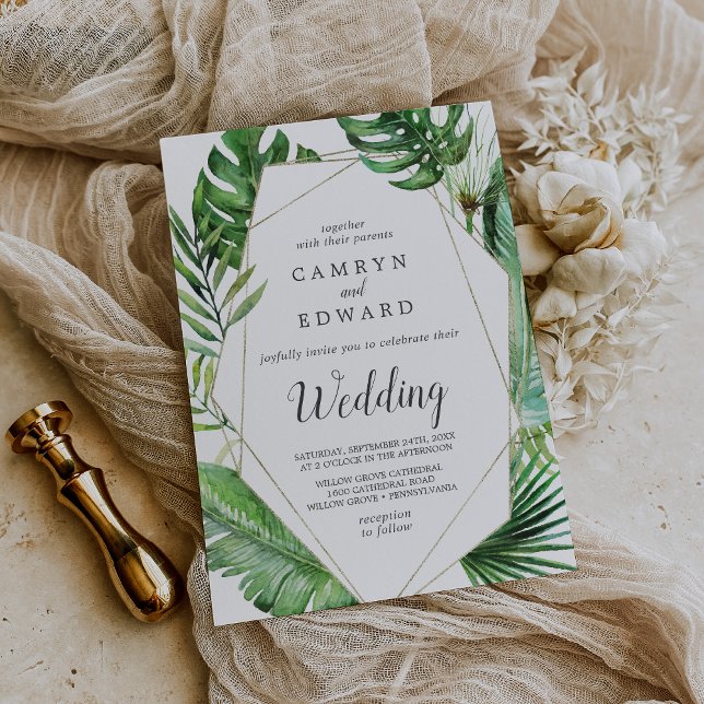 Invitación Wild Tropical Palm Geometric Wedding (Wild Tropical Palm Geometric Summer Beach Wedding Invitation)