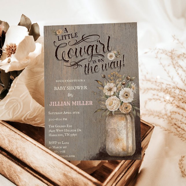 Invitación Wild West Baby Shower Cowgirl Boots (A little cowgirl is on the way with floral mason jar vintage distressed wood invitation)