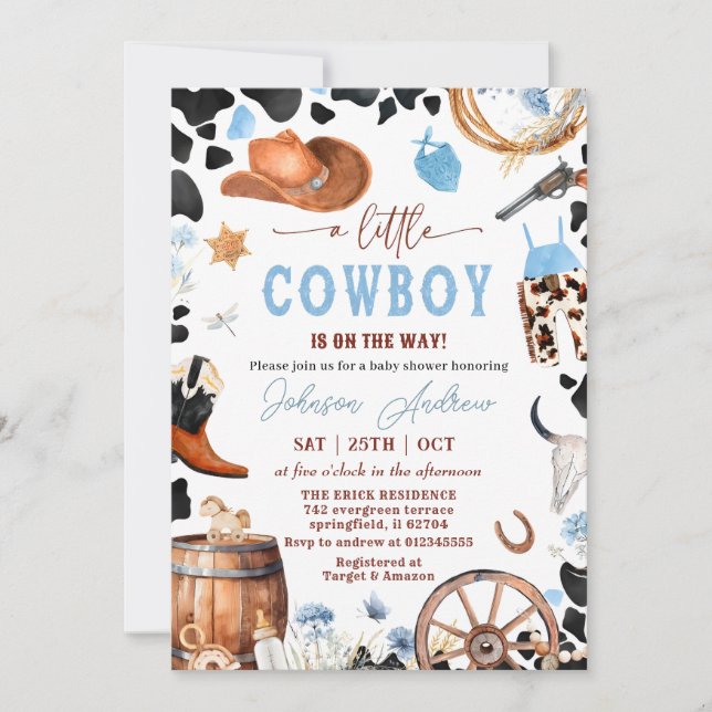 Invitación Wild West CowBoy Blue Baby Shower (Anverso)