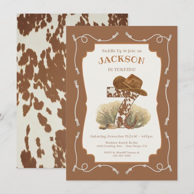 Invitación Wild West Cowboy Séptima fiesta de cumpleaños (Anverso / Reverso)