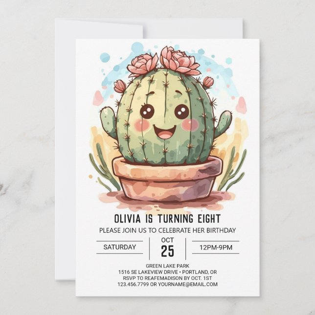 Invitación Wild West Elegant Acuarela Cactus Chica Cumpleaños (Anverso)