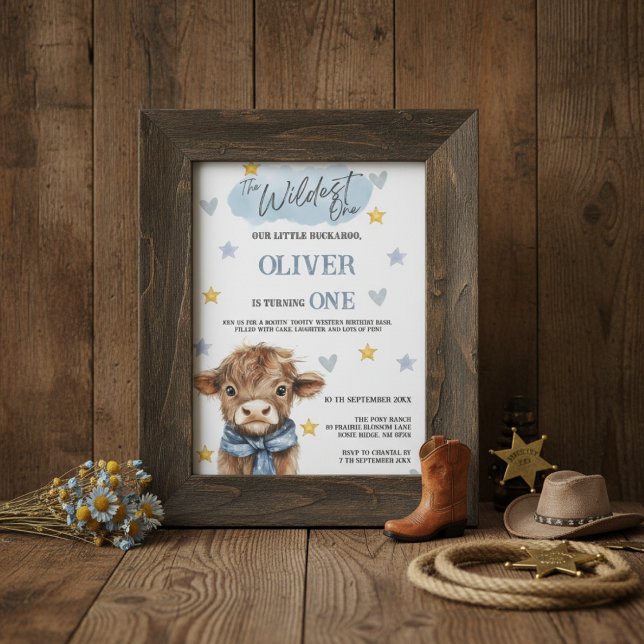 Invitación Wild West First Birthday • Little Buckaroo Theme (Cowboy-style Wildest One birthday invite in rustic frame with hat, rope, and burlap background)