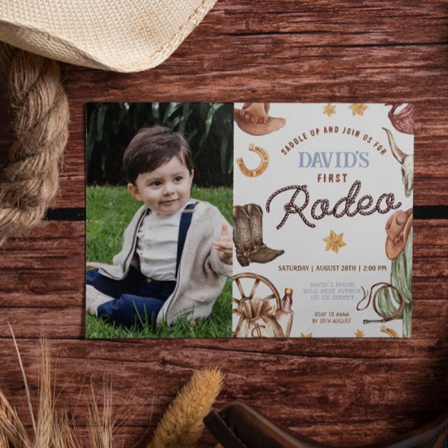 Invitación Wild West First Rodeo Boy Foto de cumpleaños 1 (Boy 1st Birthday Cowboy Wild West Printable Digital Download Invitations template)