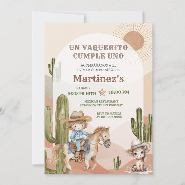 Invitación Wild West Vaquerito Cowboy Cumpleaños Español (Anverso)