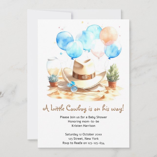 Invitación Wild West Watercolor Cowboy Baby Shower (Anverso)