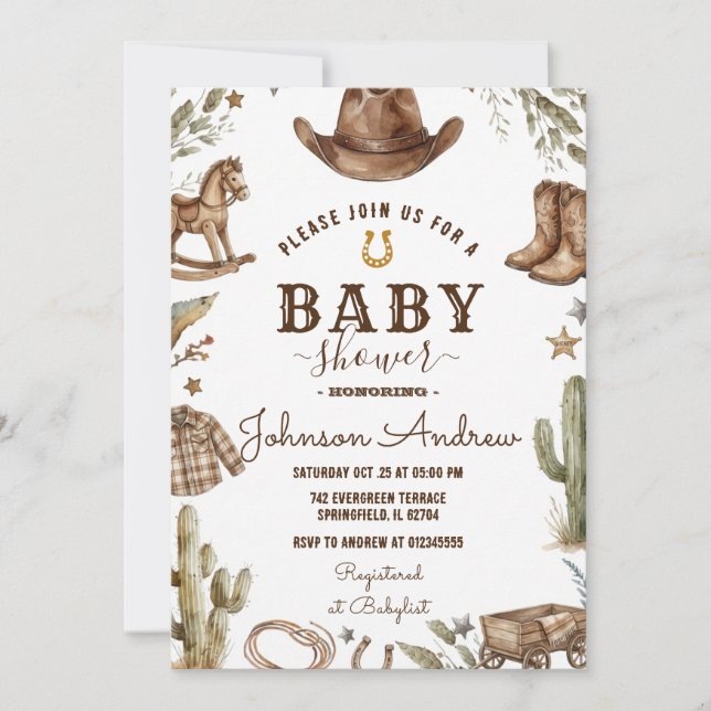 Invitación Wild West Western Baby Shower Rodeo Boy (Anverso)