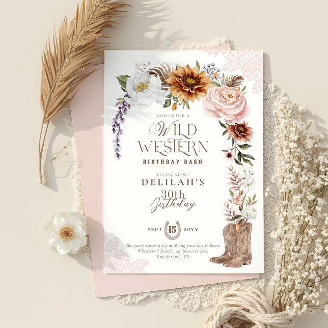 Invitación Wild Western Birthday Watercolor Floral Cowgirl (Wild Western Birthday Watercolor Floral Cowgirl Invitation)