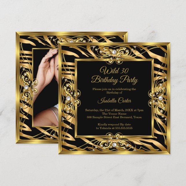 Invitación Wild Zebra Gold Black Pearl Foto 30 cumpleaños (Anverso / Reverso)