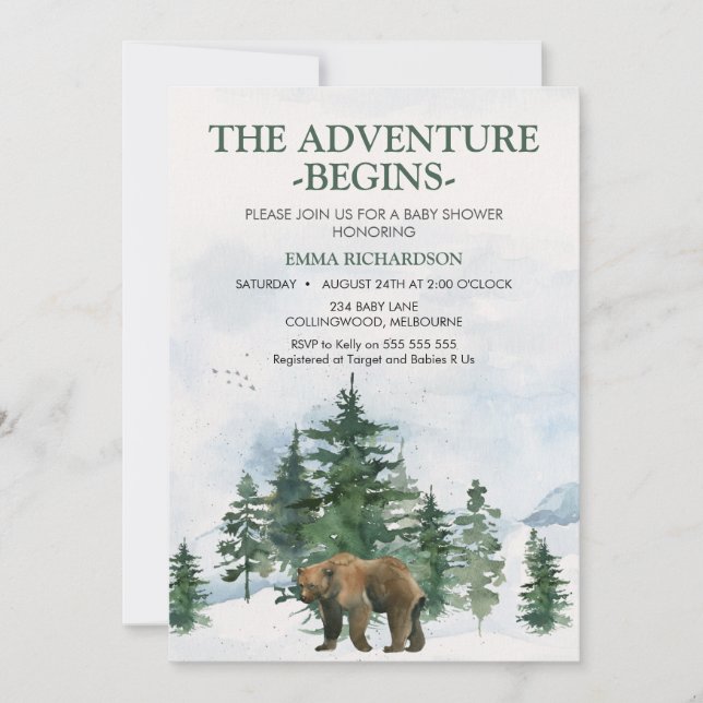 Invitación Wilderness Trees Brown Bear Baby Shower (Anverso)
