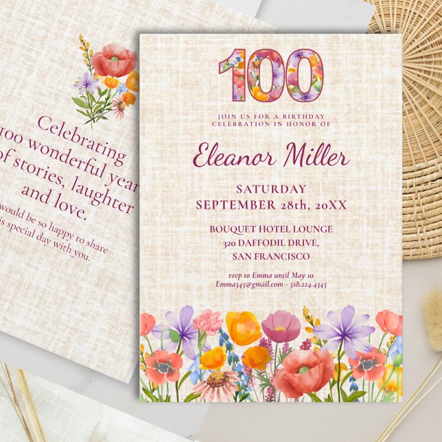 Invitación Wildflower 100th Birthday Party - Floral Number (Subido por el creador)