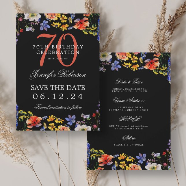 Invitación Wildflower 70 cumpleaños Guardar fecha detalles ne (Wildflower 70th Birthday Save Date Details Black Invitation)