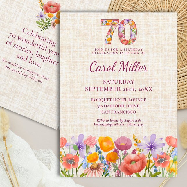 Invitación Wildflower 70th Birthday Party - Floral Number (Subido por el creador)