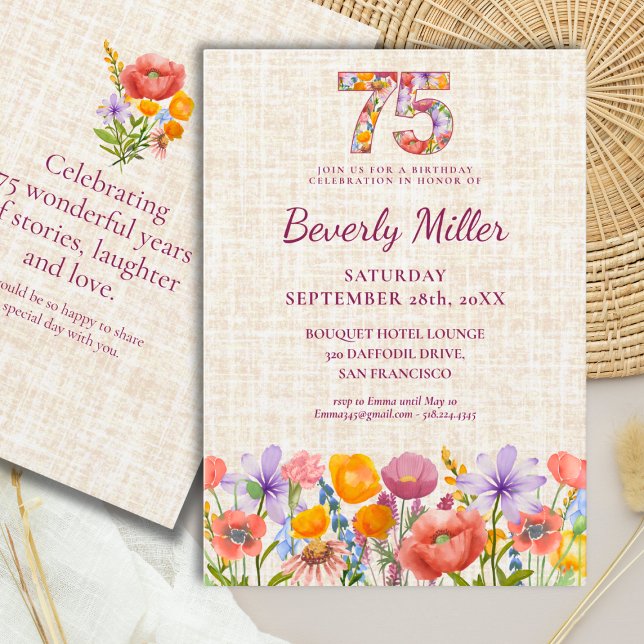 Invitación Wildflower 75th Birthday Party - Floral Number  (Subido por el creador)