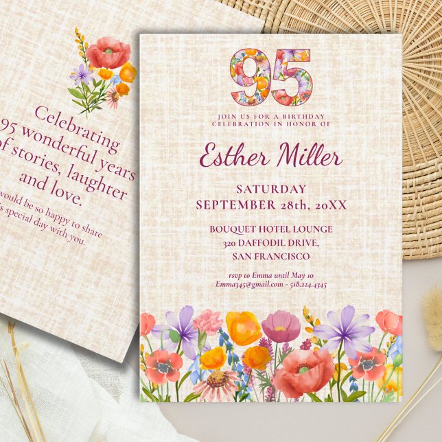 Invitación Wildflower 95th Birthday Party - Floral Number (Subido por el creador)