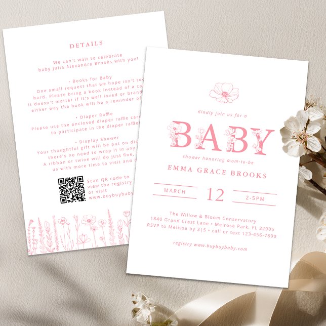 Invitación Wildflower Baby Shower Details Back (Wildflower - Pink Baby Shower Invite)