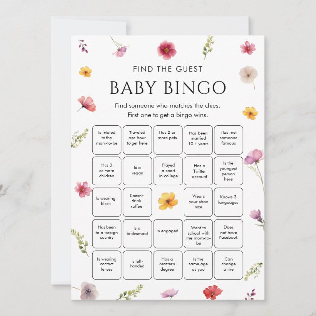 Invitación Wildflower Baby Shower Find the Guest Bingo Game  (Anverso)