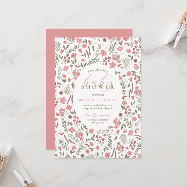 Invitación wildflower baby shower invitation - pink (Anverso/Reverso In Situ)
