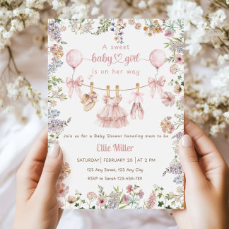 Invitación Wildflower Baby Shower Invitation, Pink Bow Floral