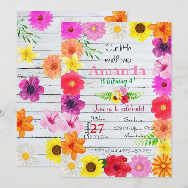 Invitación Wildflower Birthday Invitation, Flower Invite (Anverso / Reverso)