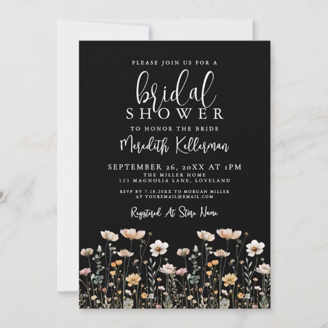 Invitación Wildflower Black Elegant Bridal Shower (Anverso)