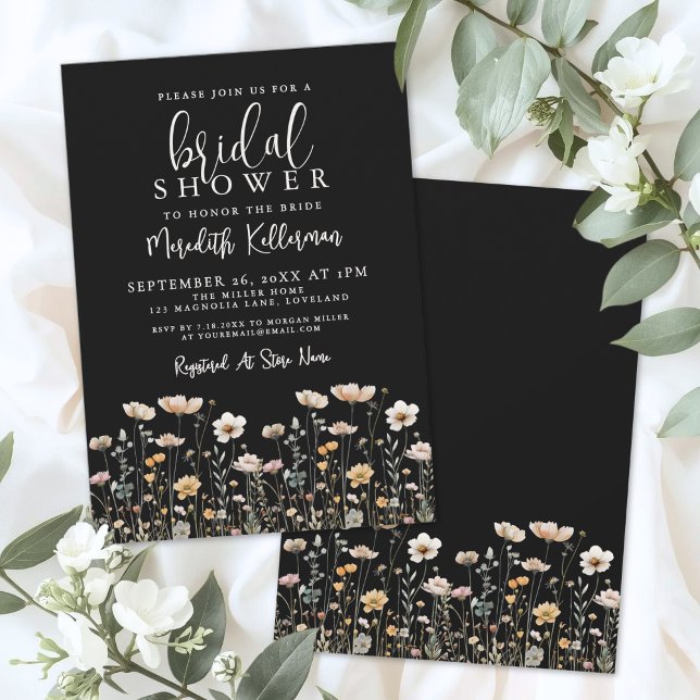 Invitación Wildflower Black Elegant Bridal Shower (Wildflower Black Elegant Bridal Shower Invitation)