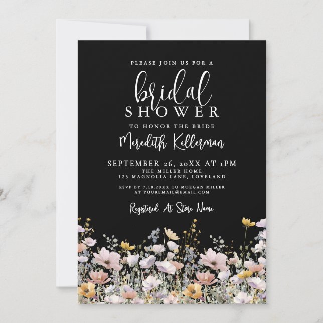 Invitación Wildflower Black Floral Bridal Shower (Anverso)