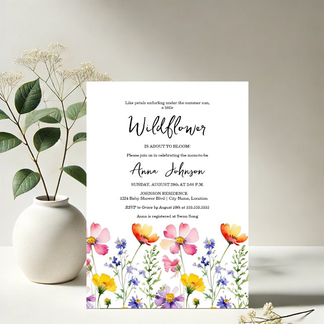 Invitación Wildflower Bloom Baby Shower (Elegant blooming watercolor baby shower invitation front view)