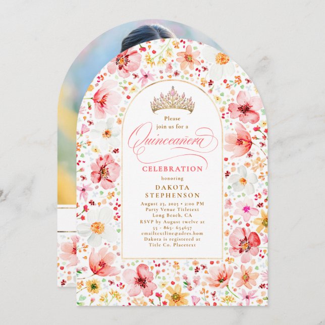 Invitación Wildflower Blush Floral Garden Quinceanera Photo (Anverso / Reverso)